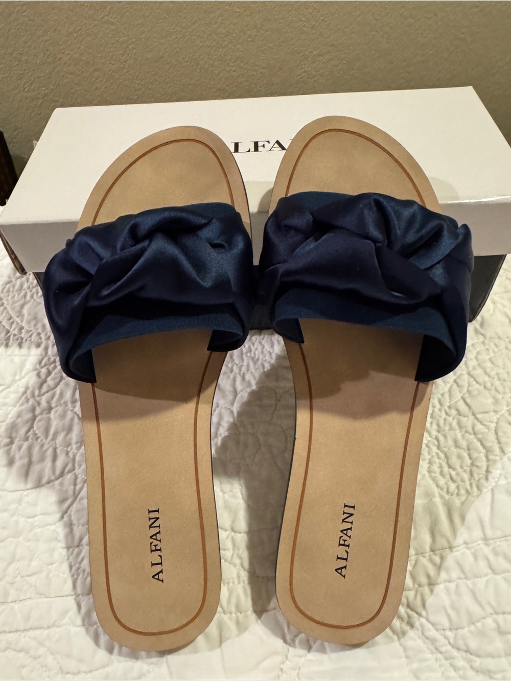 Alfani- Navy Satin Ruched Slide Sandals for Women, Size 7